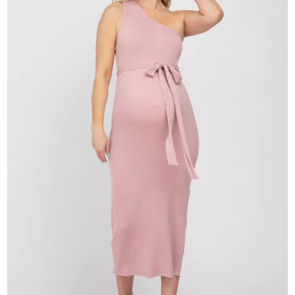 Pinkblush Mauve Ribbed One Shoulder Side Slit Maternity Midi Dress